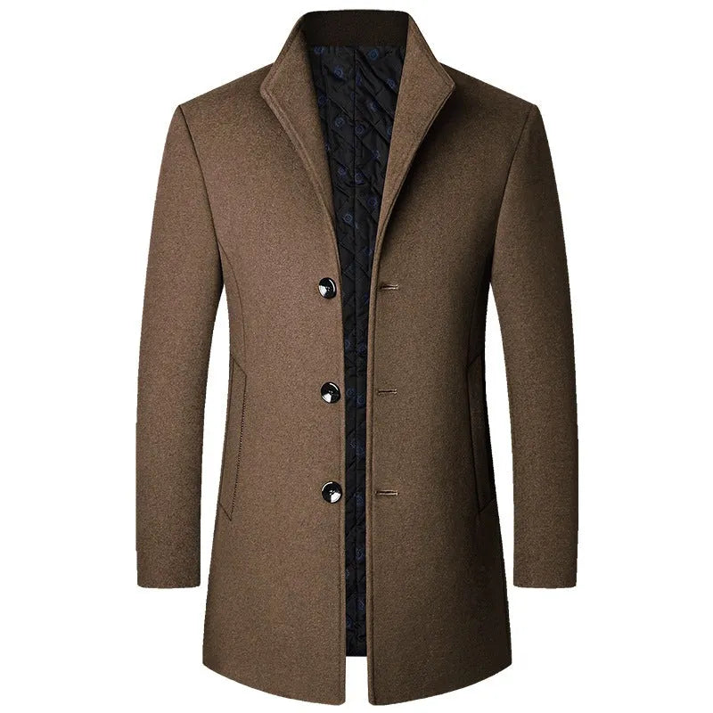 Men's wool-polyester blend solid colour casual coat for autumn and winter, front view