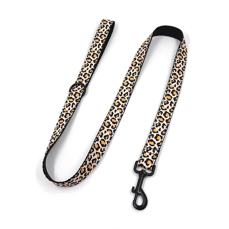 Brown leopard print dog collar and leash set with black buckle, shown in collar-only and collar-with-traction-rope options.