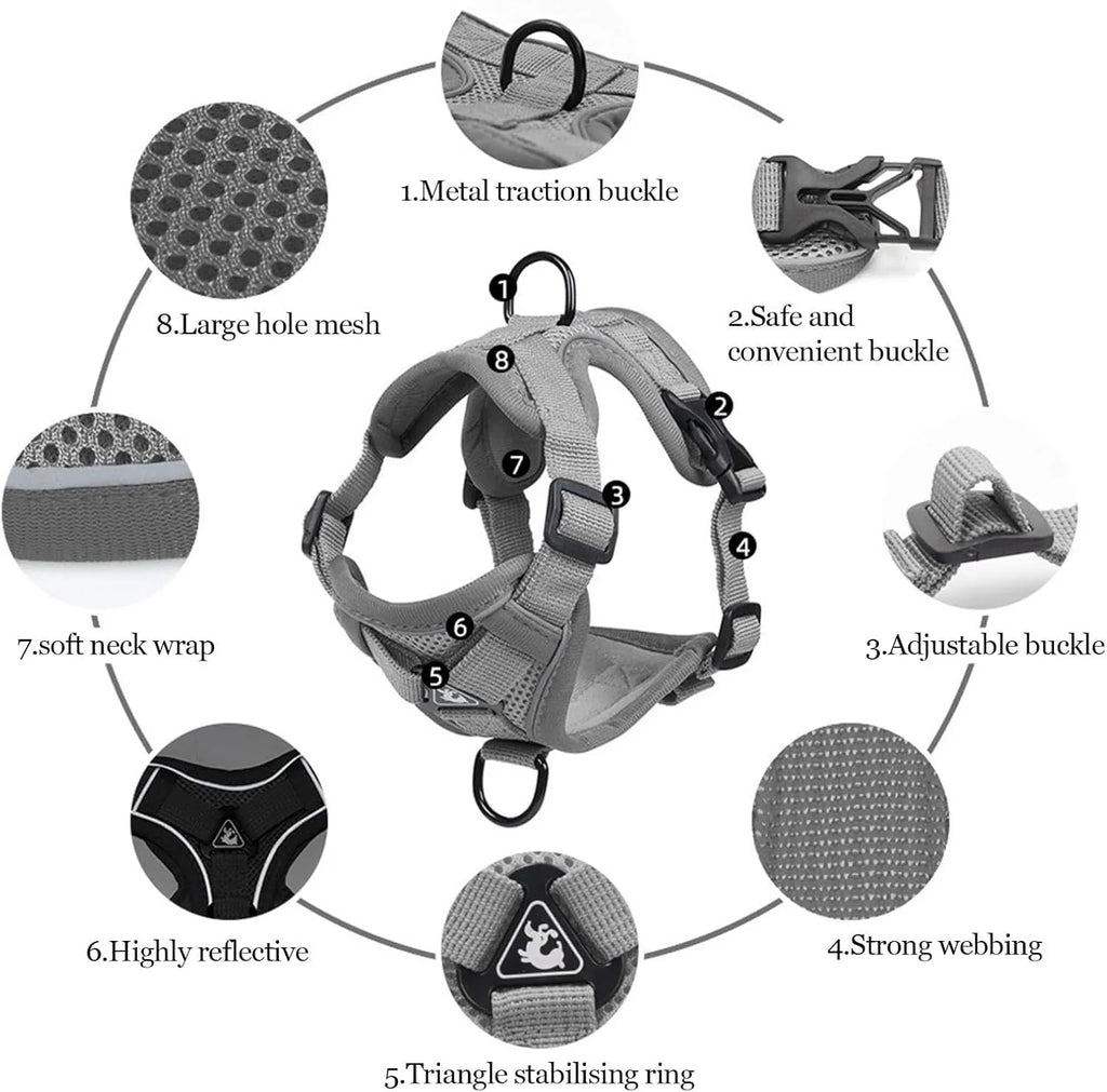 Adjustable mesh cat harness with reflective strips in Blue, Coffee, or Gray colours