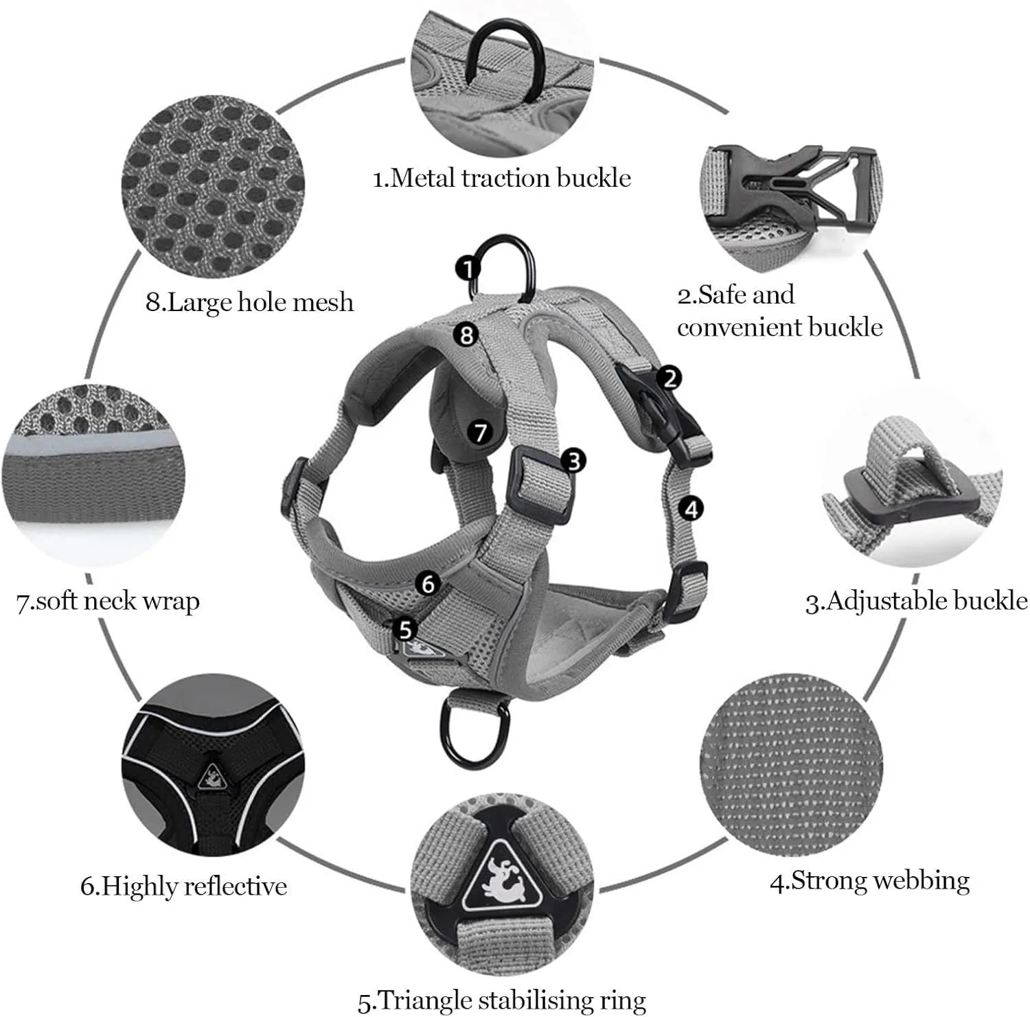 Adjustable mesh cat harness with reflective strips in Blue, Coffee, or Gray colours