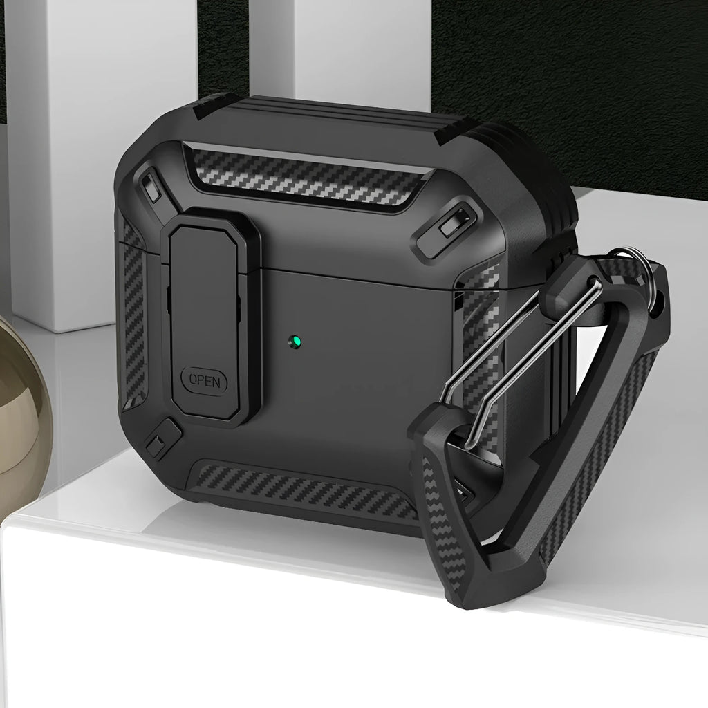 Clamshell plastic protective case for AirPods in two-colour Black and Yellow design with a metal hook attached.