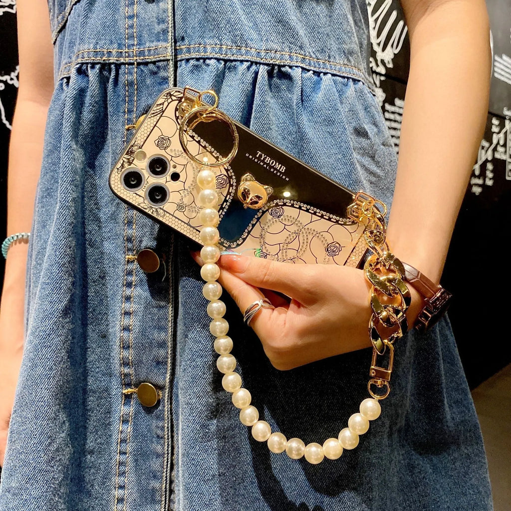 Chain charming fox mirror mobile phone case with diamond decoration in white colour for iPhone