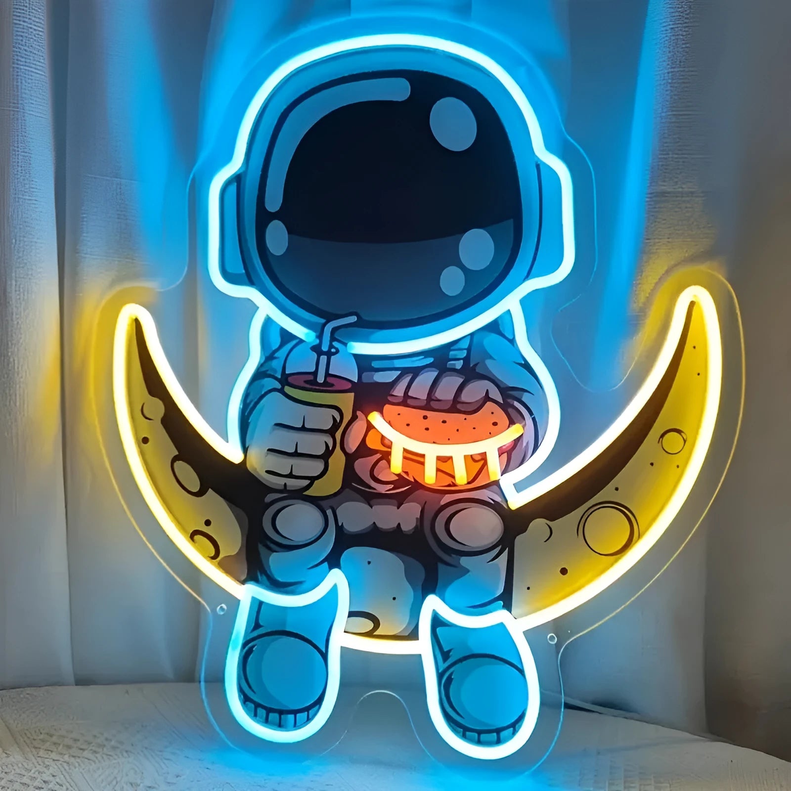 Astronaut-shaped neon wall lamp with blue lemon yellow lighting in 30x35cm plastic housing