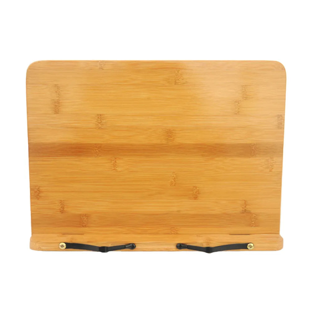 Solid wood bamboo hollow reading frame in glossy white or natural finish, sizes S M L, holding a copybook on a desk.