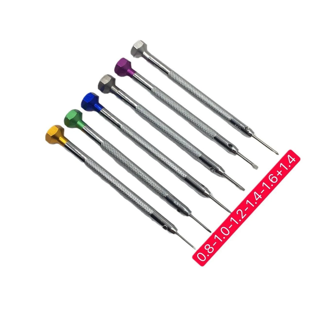 Six colour-coded aluminium-handle screwdrivers for watch repair arranged in set