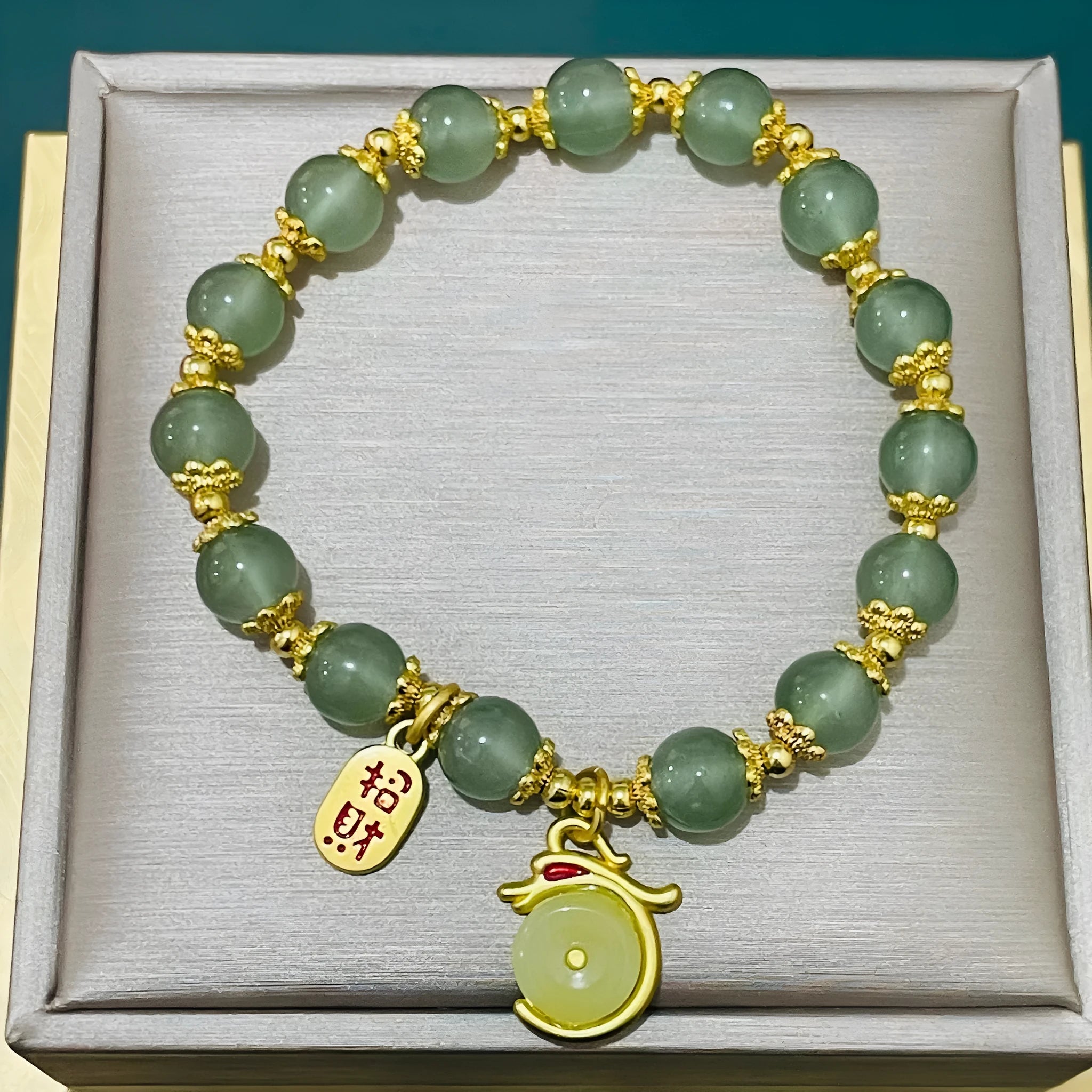 Handmade Chinese national style bracelet with peace buckle clasp and coloured glass rabbit charm