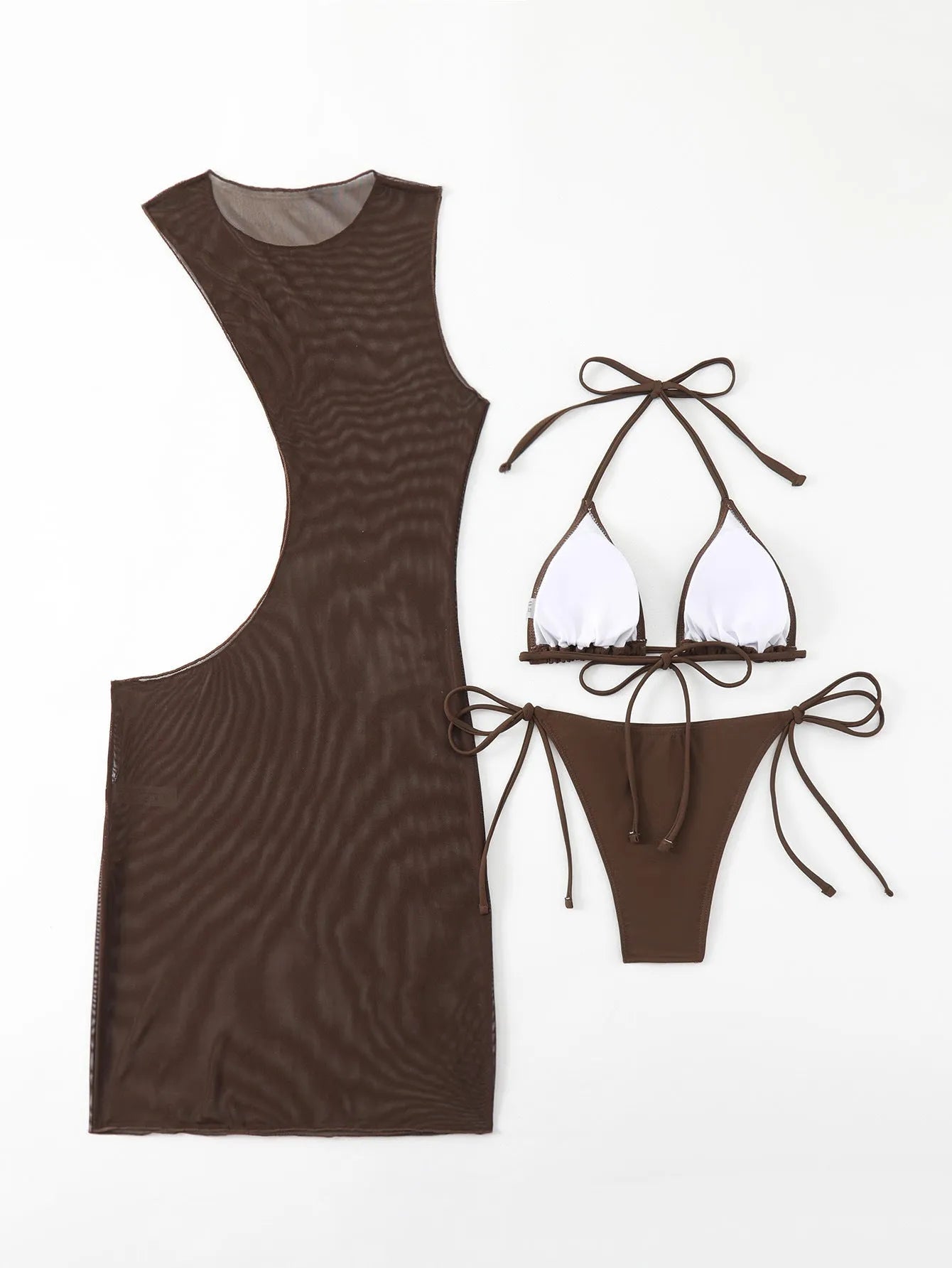 Brown women's three-piece bikini swimsuit set with bra shorts and blouse