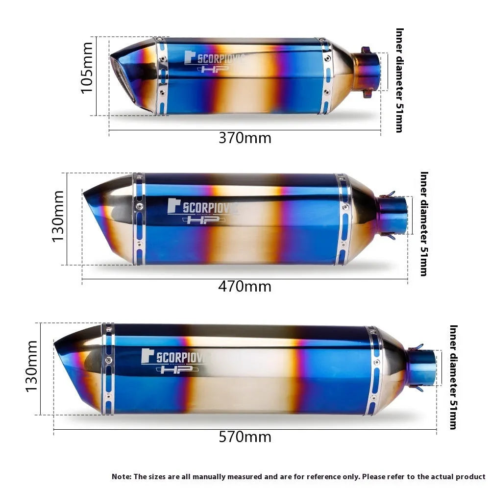 Double half blue stainless steel racing exhaust pipe for motorcycle modification, roasted blue finish, 370 470 570 options