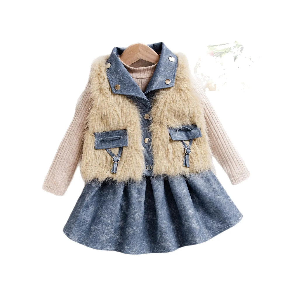 Girls apricot three-piece set with long sleeve top, sleeveless vest, and denim skirt in princess style for heights 4Y-7Y.