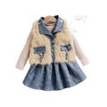 Girls apricot three-piece set with long sleeve top, sleeveless vest, and denim skirt in princess style for heights 4Y-7Y.