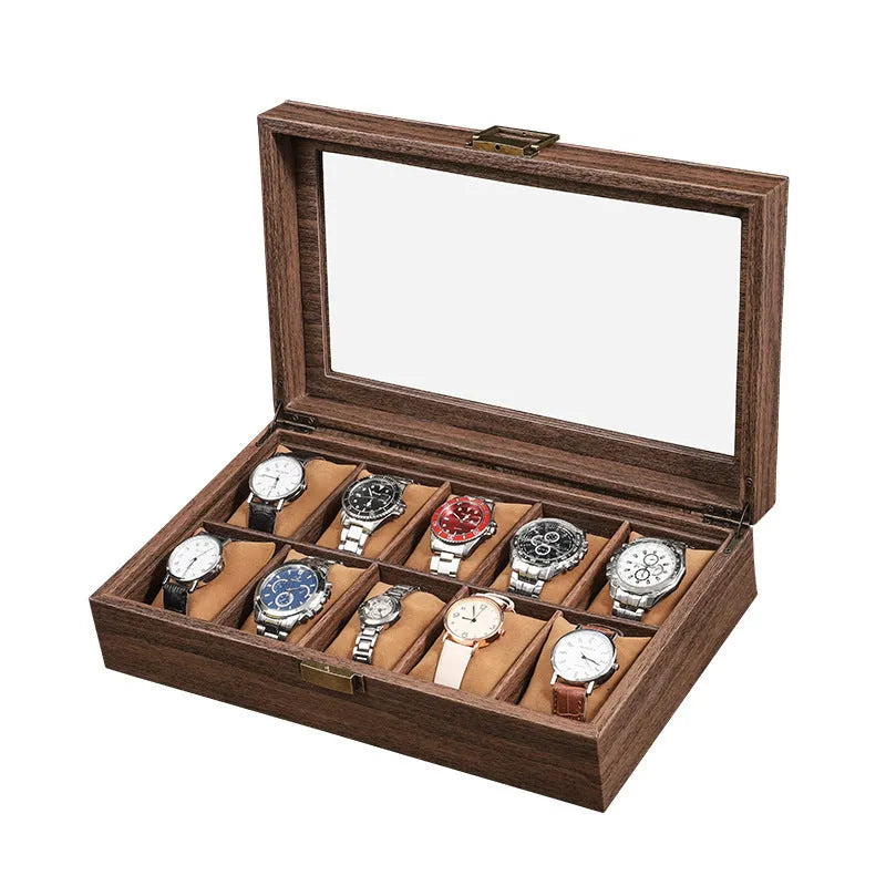 Wood grain leather 2-watch box with soft pillow and glass lid MDF shell