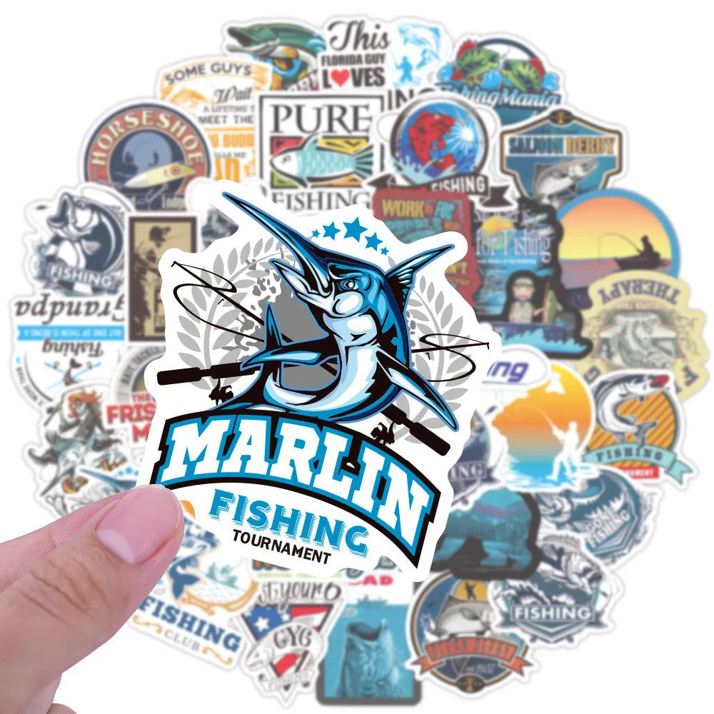 Pack of 50 fishing angling decorative stickers adhesive vinyl 5-8cm colour options WZ0335 WZ01039