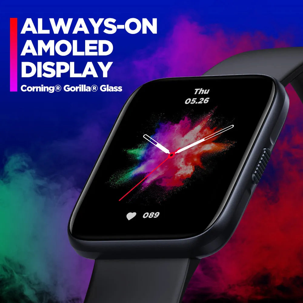 Black GPS sports smart watch with LCD display showing health metrics on rubber wrist strap