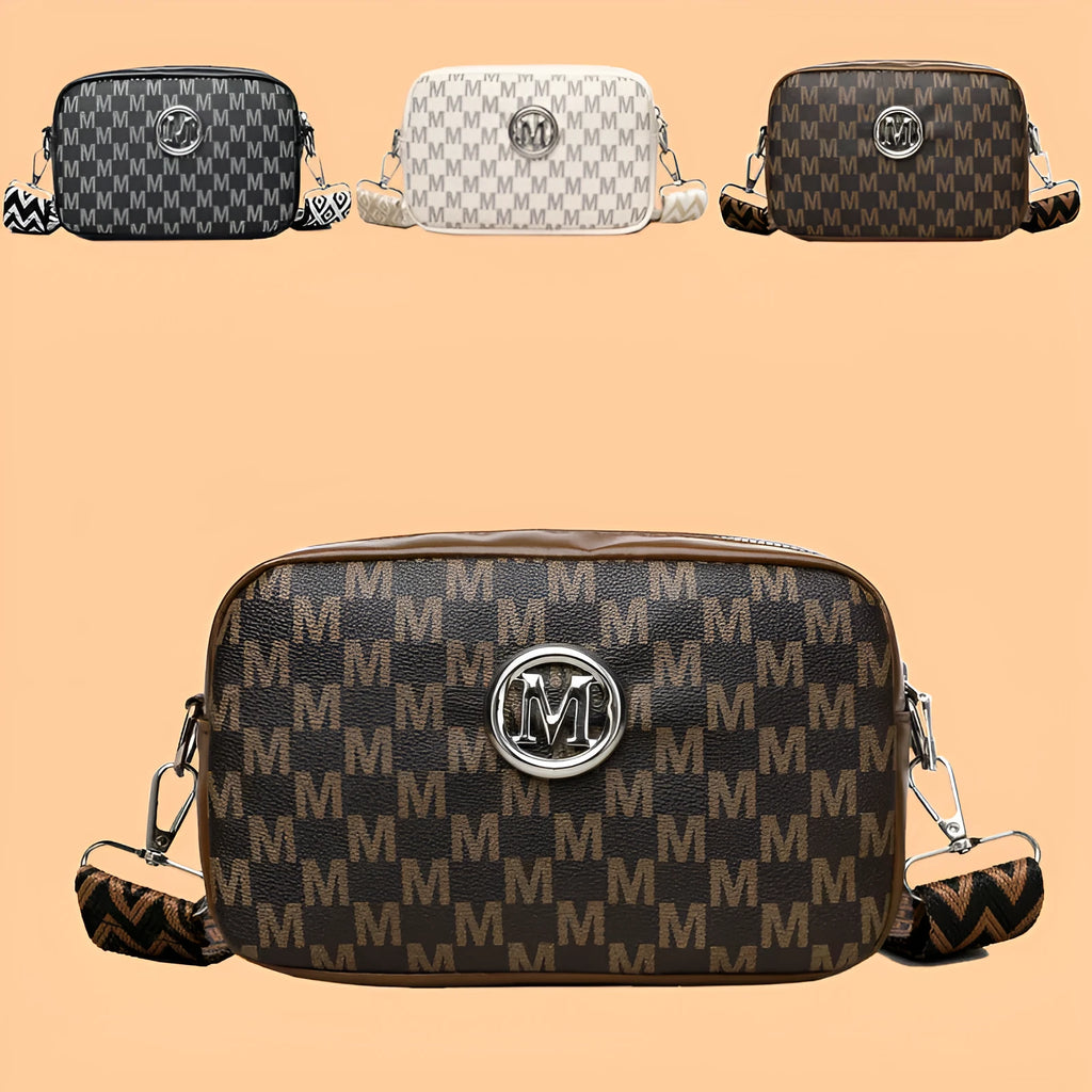Soft PU crossbody shoulder bag in black with a wide strap and a three-dimensional front pocket.