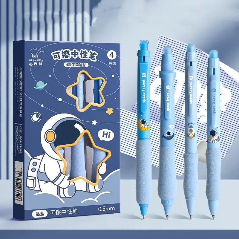 Erasable cartoon press gel pen with 0.5mm tip showing Aerospace and Panda design options.