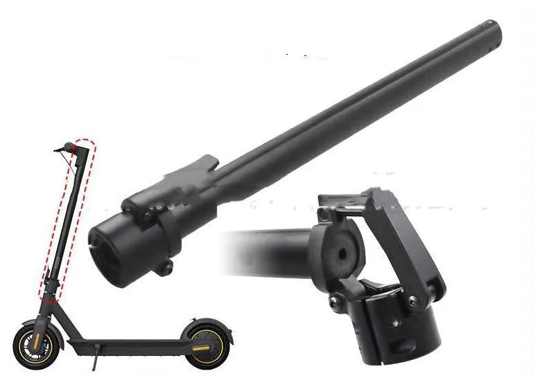 Black aluminium folding handlebar accessory for a Ninebot electric scooter, shown folded and unfolded.