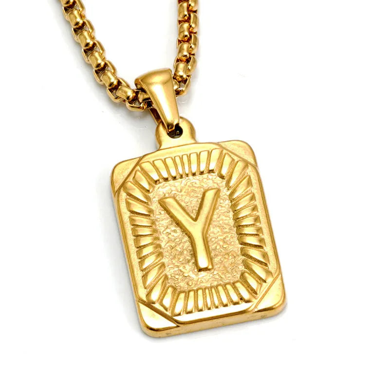 Gold-plated 18K titanium steel letter pendant necklace on a pearl chain, unisex design, gold colour