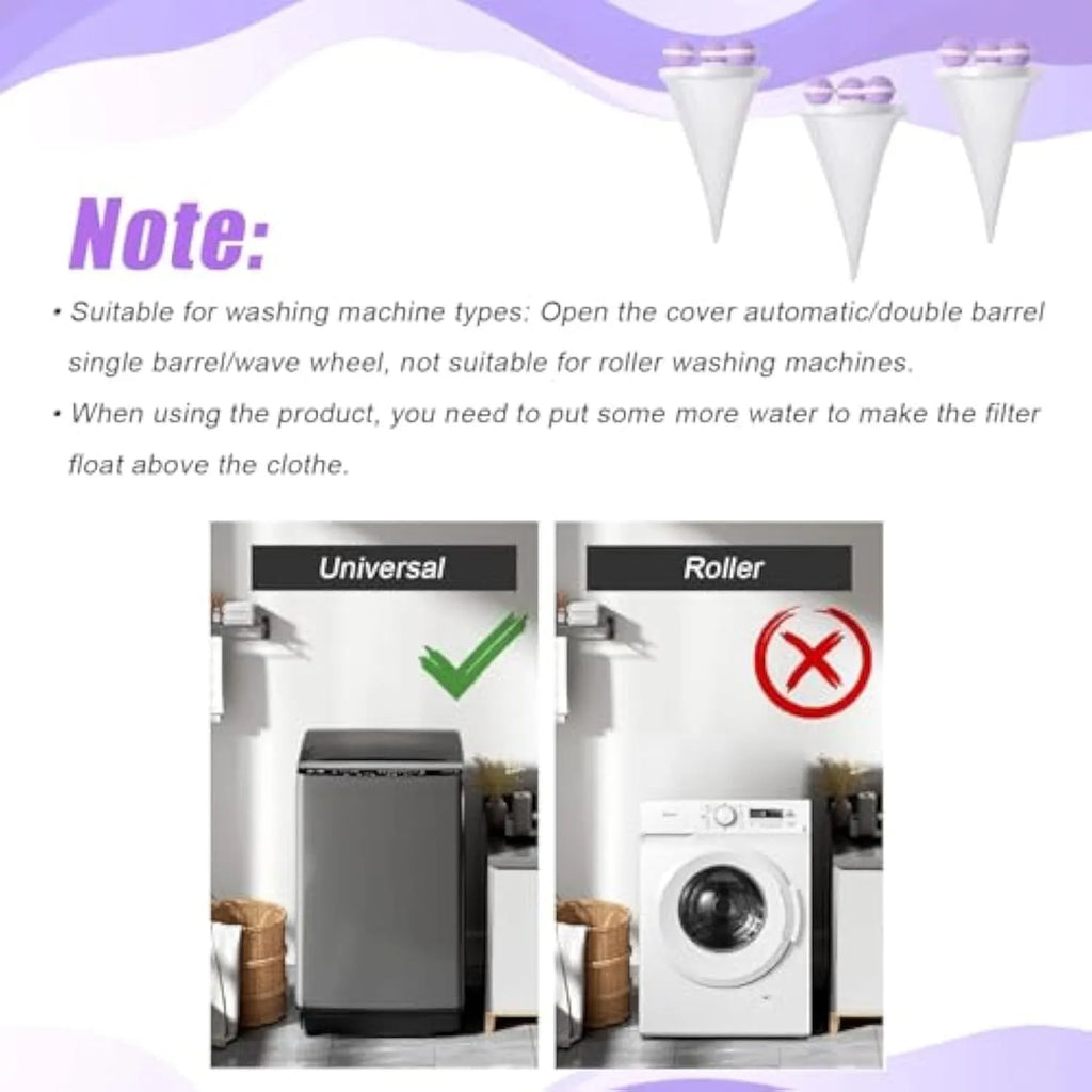 Three reusable pink blue purple washing machine hair filter mesh bags for pet lint removal