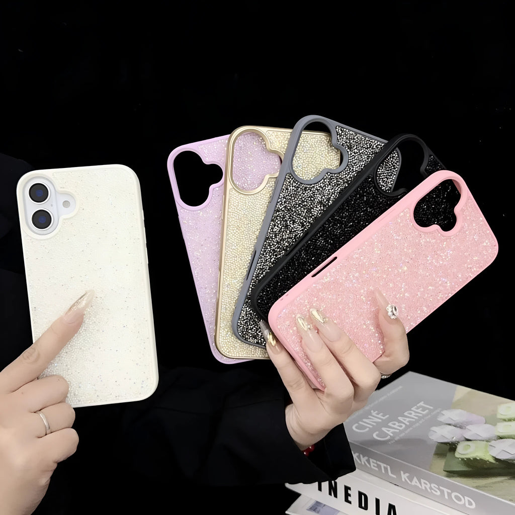 Full diamond handmade phone case for iPhone 17 series in black, pink, light purple, gold, grey, or white