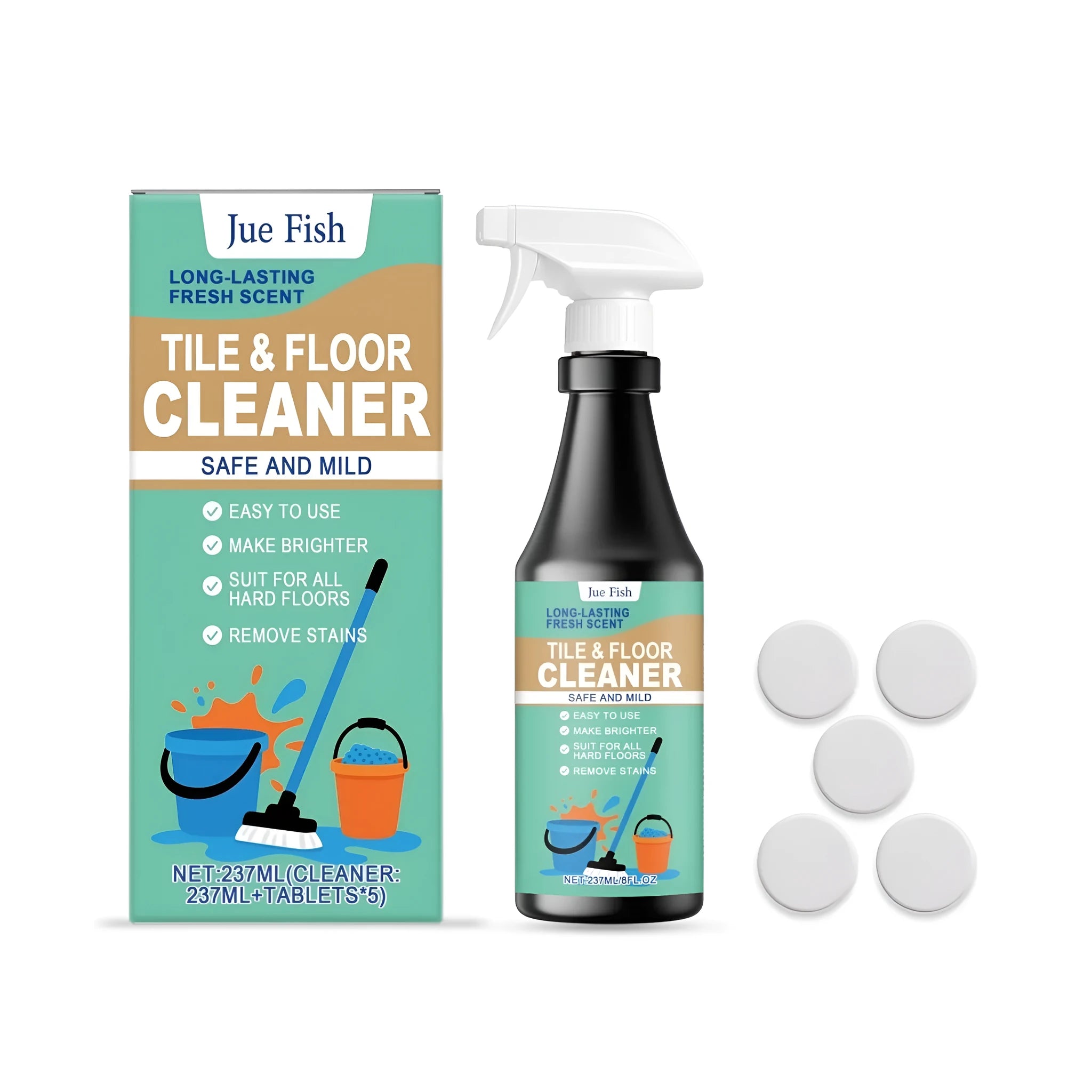 237ml bottle of lemon-scented floor cleaner spray with dissolvable cleaning tablets for hard floors.