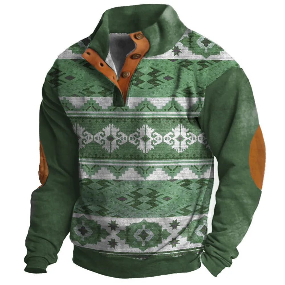 Loose fit grey long-sleeved sweater with a colourful digital 3D pattern and four-button placket.