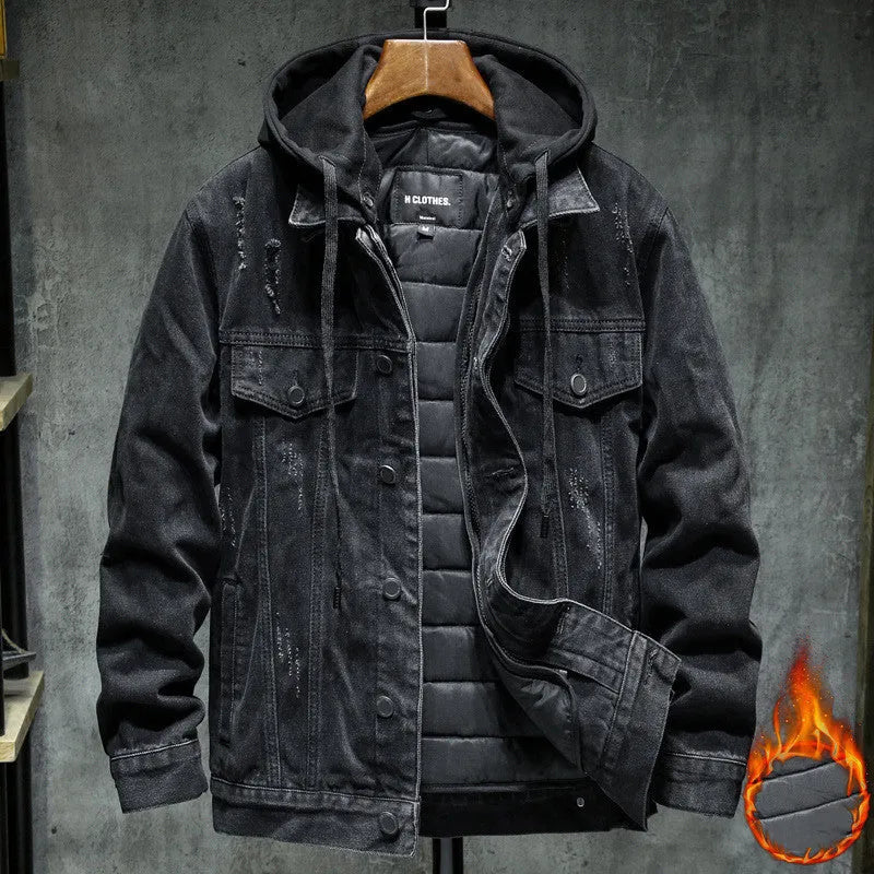 Thick cotton denim jacket for men, hooded lapel, slim fit, plain style, black colour