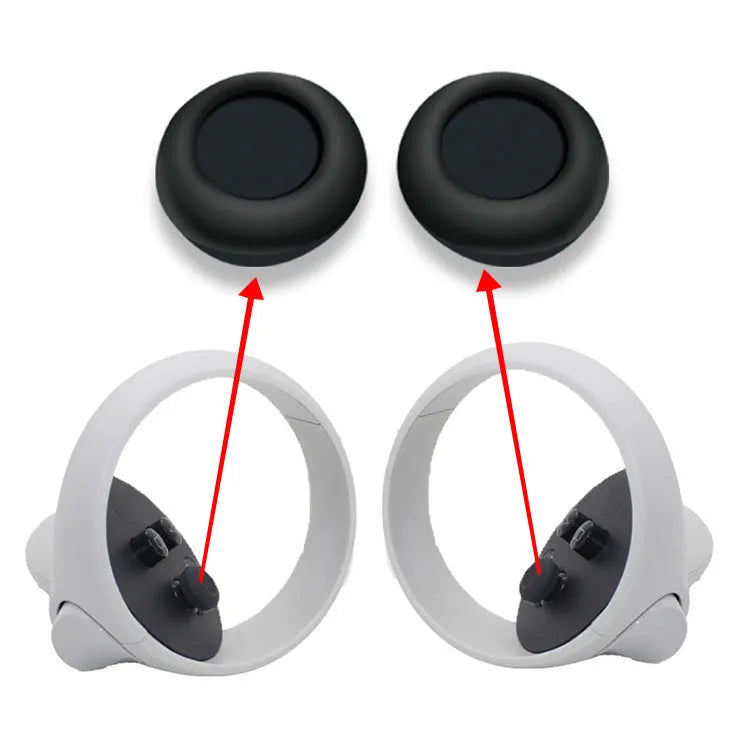 Black silicone VR accessory set showing glasses protective cover, eye mask, and controller handle grips.