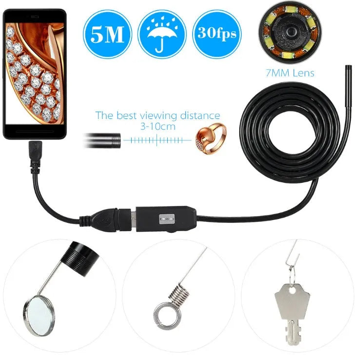 OWSOO 7mm USB endoscope camera with 5m cable, hook, magnet, and side audition tools