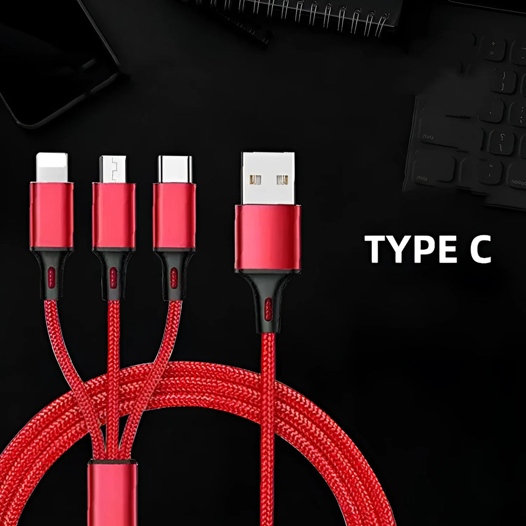 Three-in-one 1.2 metre charging cable with nylon braiding in multiple colour options