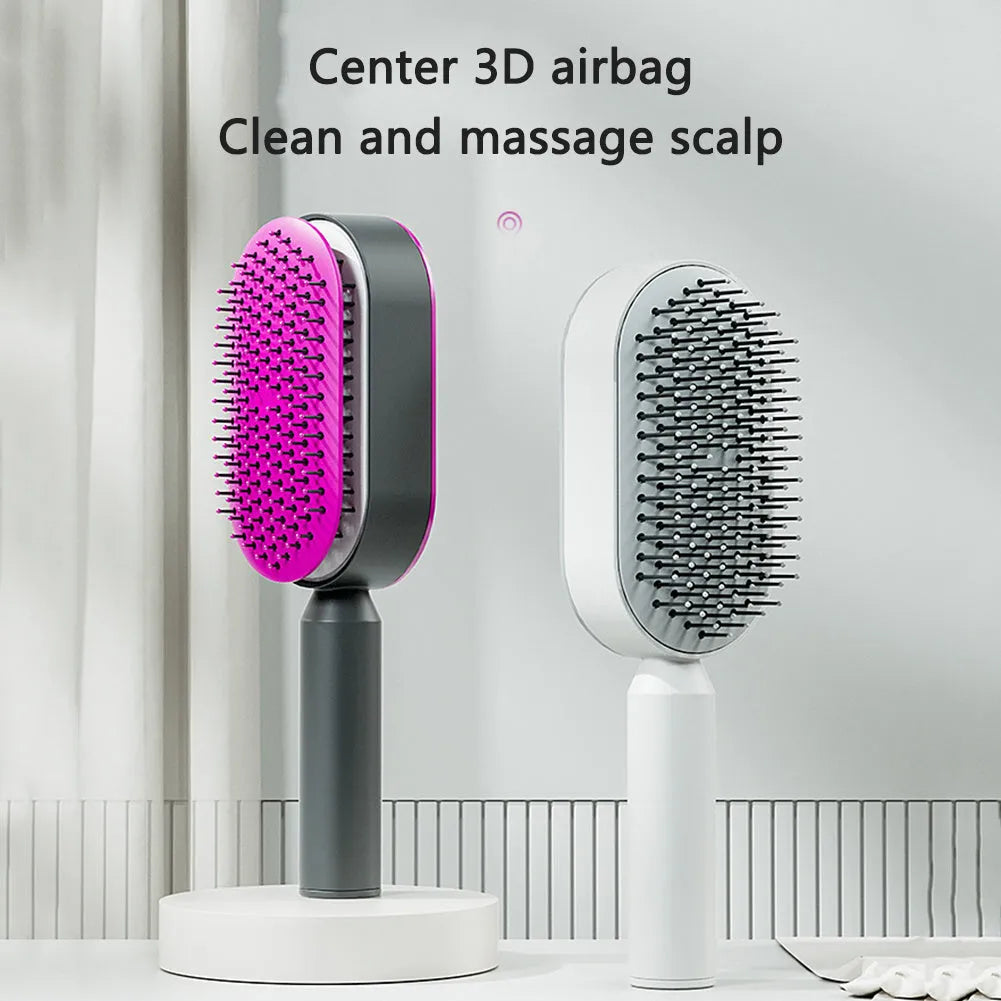 Self cleaning hair brush with one-key cleaning button and air cushion massage design in various colour options