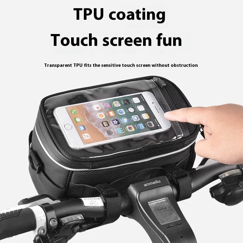 Black folding bicycle handlebar bag measuring 7 inches with hanging strap
