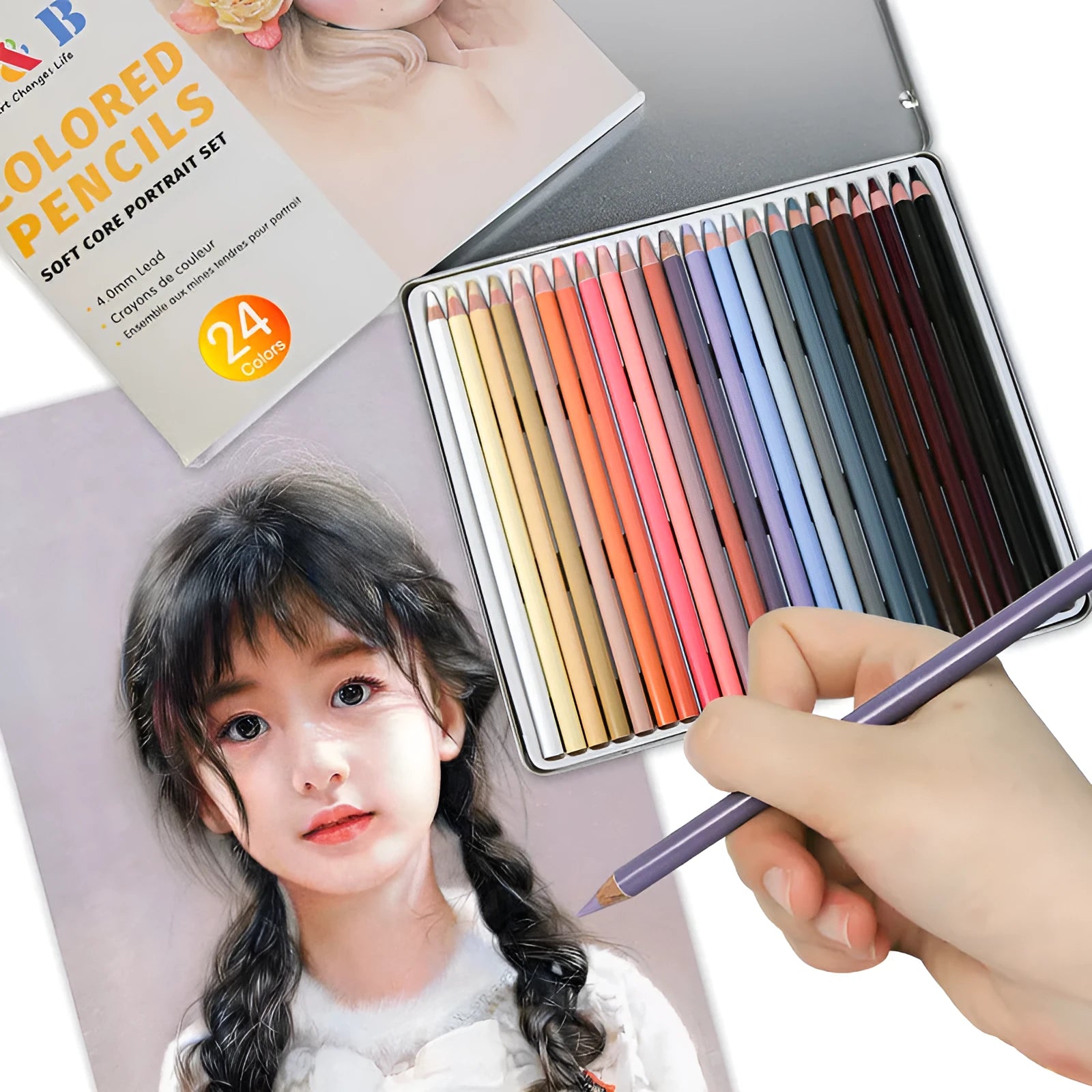 24 skin tone colour pencils in round iron brush pot for portrait artwork