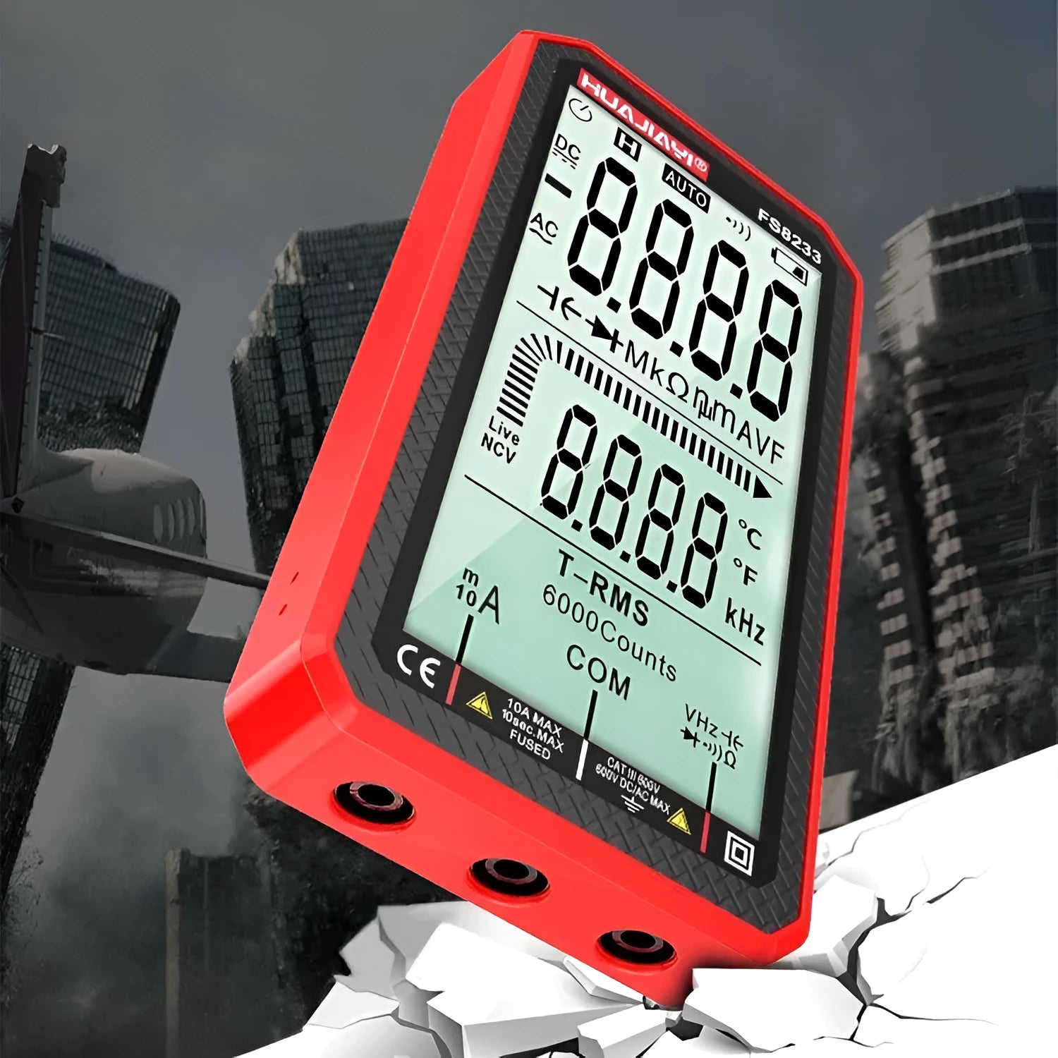 Handheld digital multimeter with large LCD screen showing measurement display