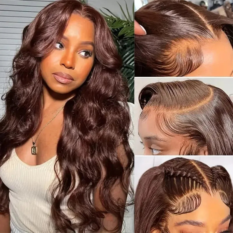 Long curly dark brown front lace wig with side bangs on a model