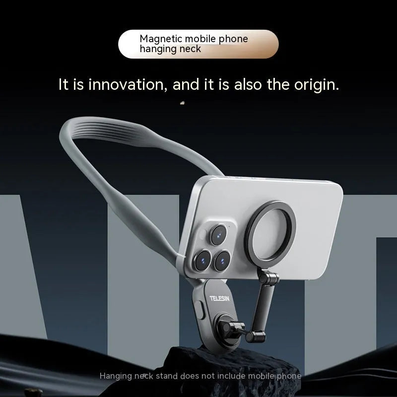 Grey silicone magnetic phone neck mount with aluminium strip and quick release magnetic plate