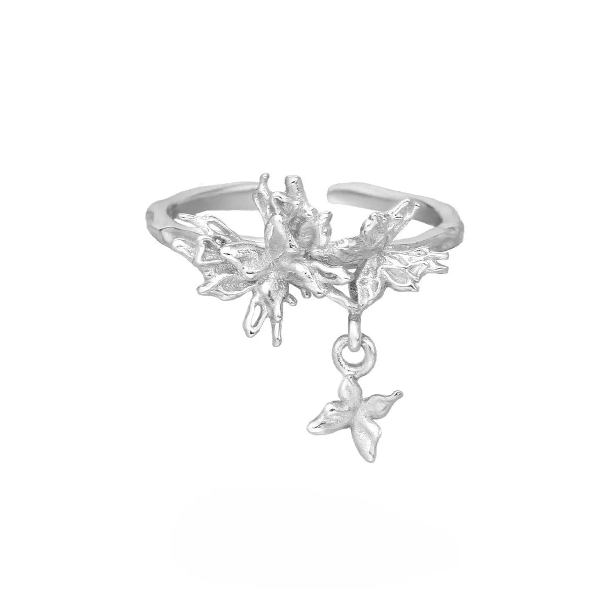 Adjustable silver butterfly ring with original wild butterfly design in electroplated gold or white gold finish