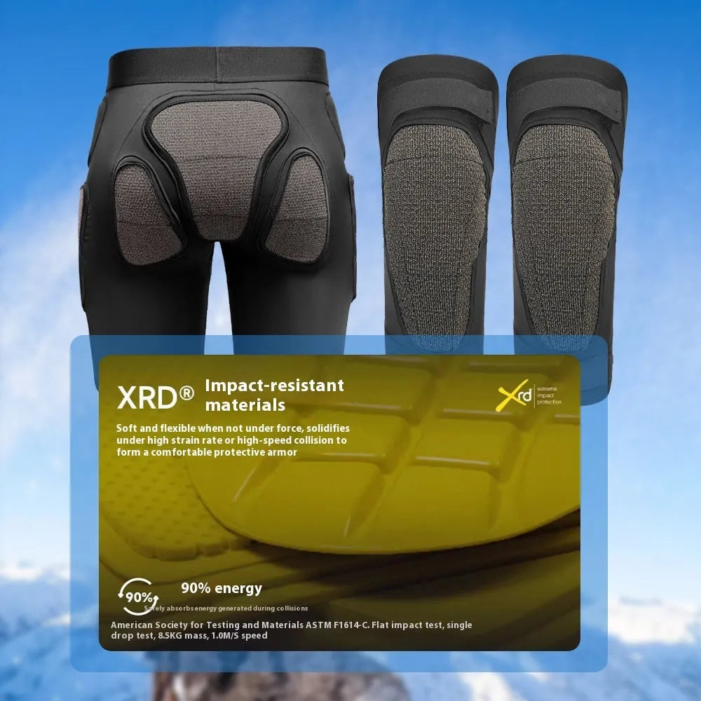 X-ray diffraction skiing protective set with slim hip pads and multiple protection knee pads.