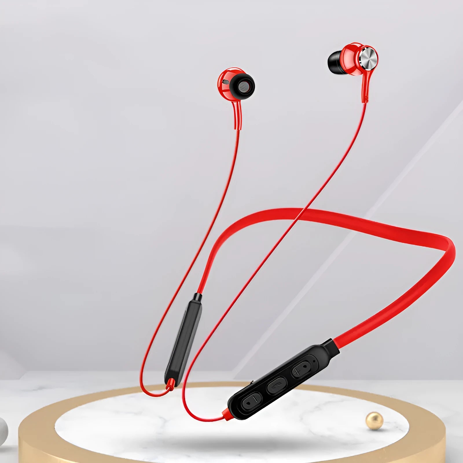 G03 red, black, and white neckband sports Bluetooth earphones with USB cable.