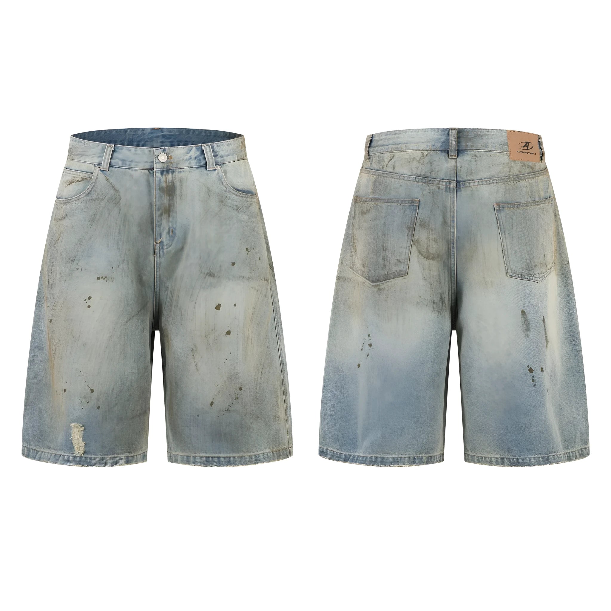 Blue cropped denim middle pants with straight leg design and zipper fly opening on hanger