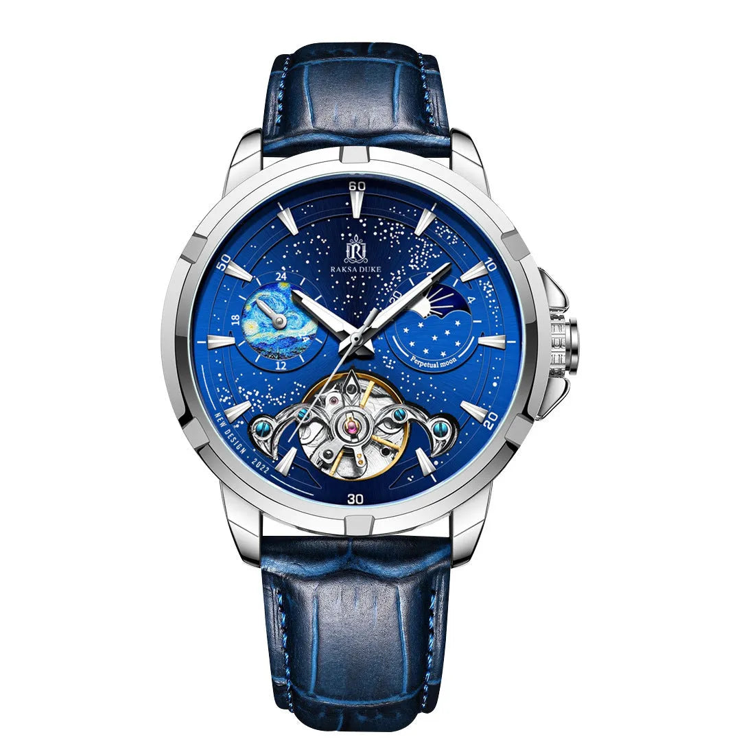 Men's blue dial automatic mechanical watch with day-date window and stainless steel case.