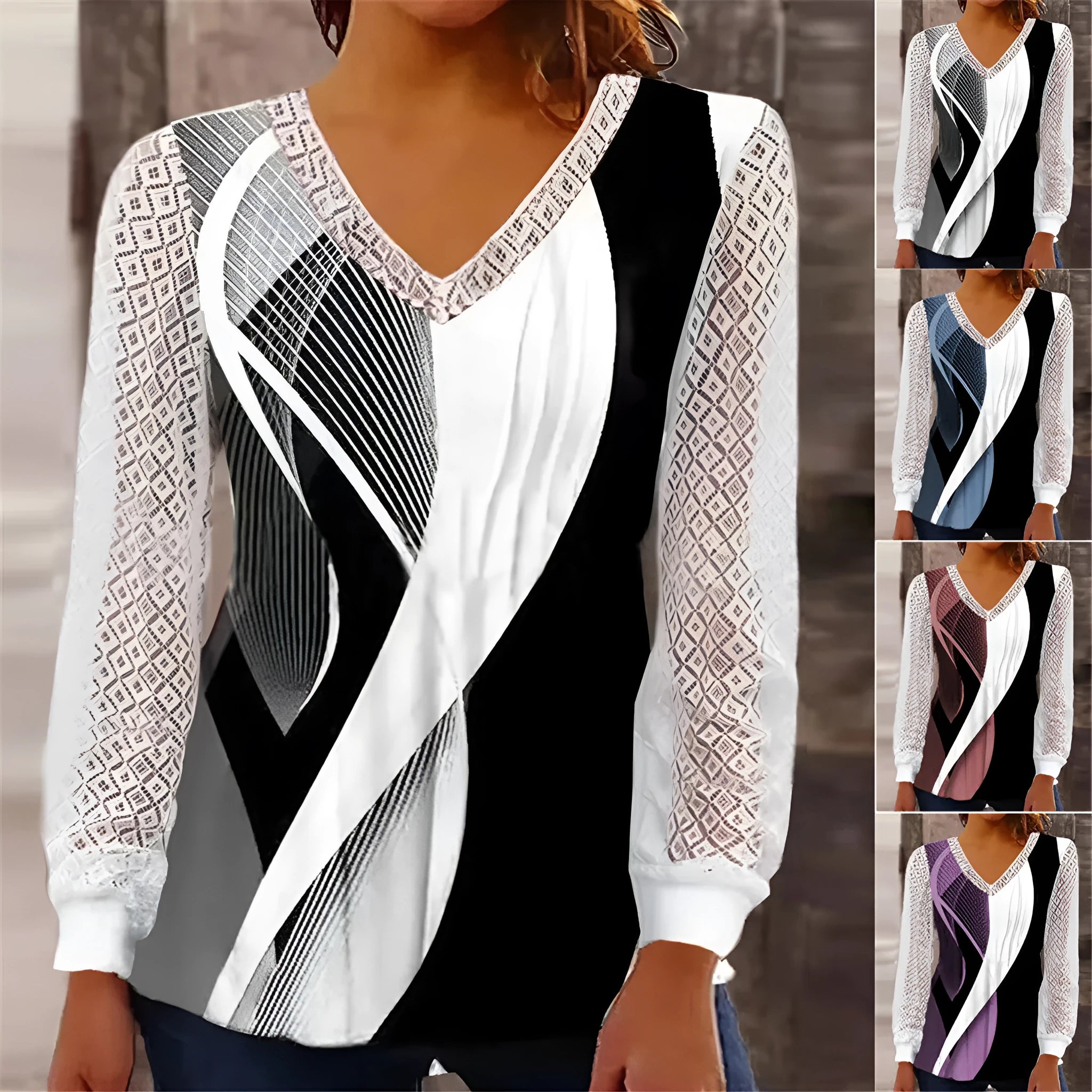 Women's loose purple V-neck lace top with long sleeves on a hanger.