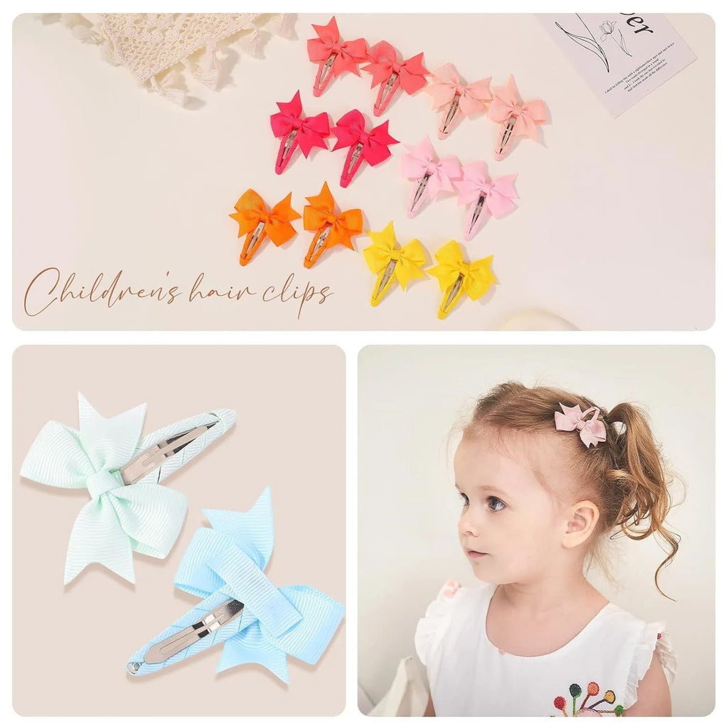 40 piece set of grosgrain ribbon baby hair bows with fully wrapped snap clips in multiple solid colours