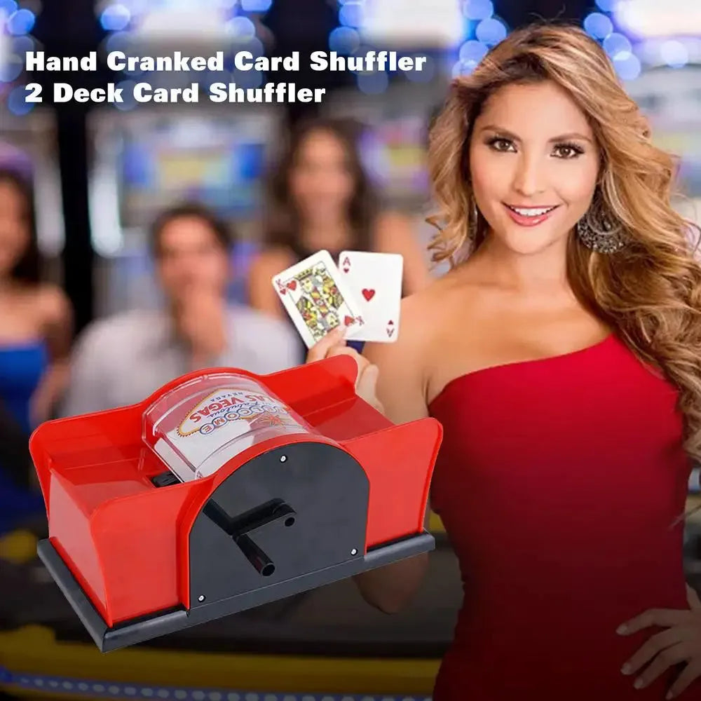 Black manual card shuffler machine with hand crank for poker games