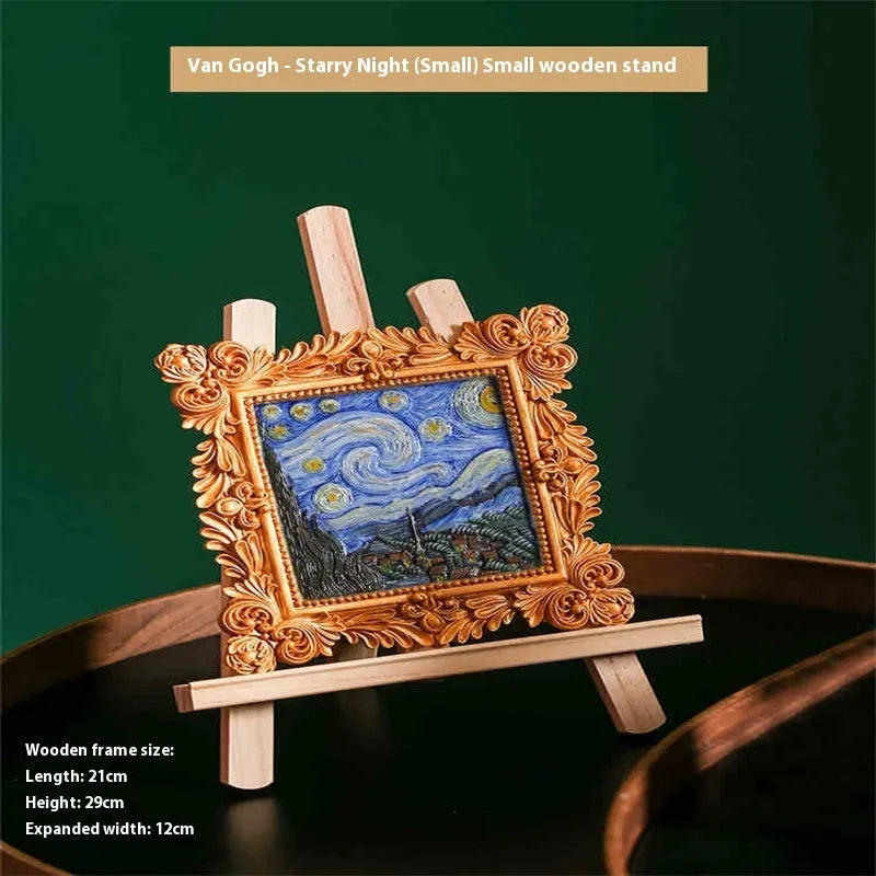 DIY paint-by-numbers kit showing canvas, acrylic paint pots, and brushes for recreating Van Gogh's Starry Night.