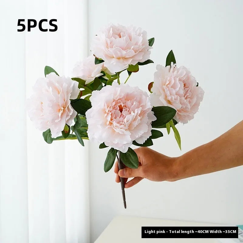 Artificial peony 5-head bouquet in light champagne, 40cm tall silk flower arrangement