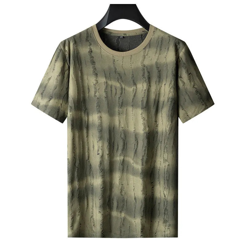 Men's grey plus size loose-fit nylon t-shirt on a hanger, showing short sleeves and round neck.