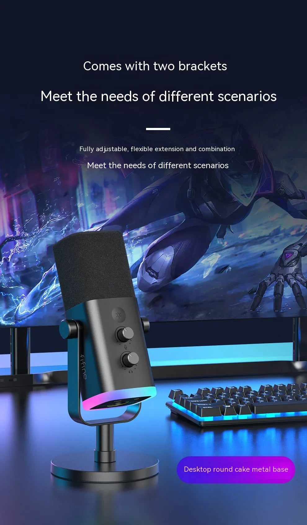 Black dynamic USB and XLR microphone with a weighted desk stand on a wooden surface.