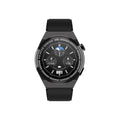 Black smartwatch with a circular 1.39-inch screen on a leather strap, showing NFC and blood glucose icons.