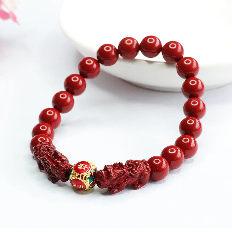 Purple gold sand cinnabar women's bracelet with double Pixiu carving, 8mm diameter