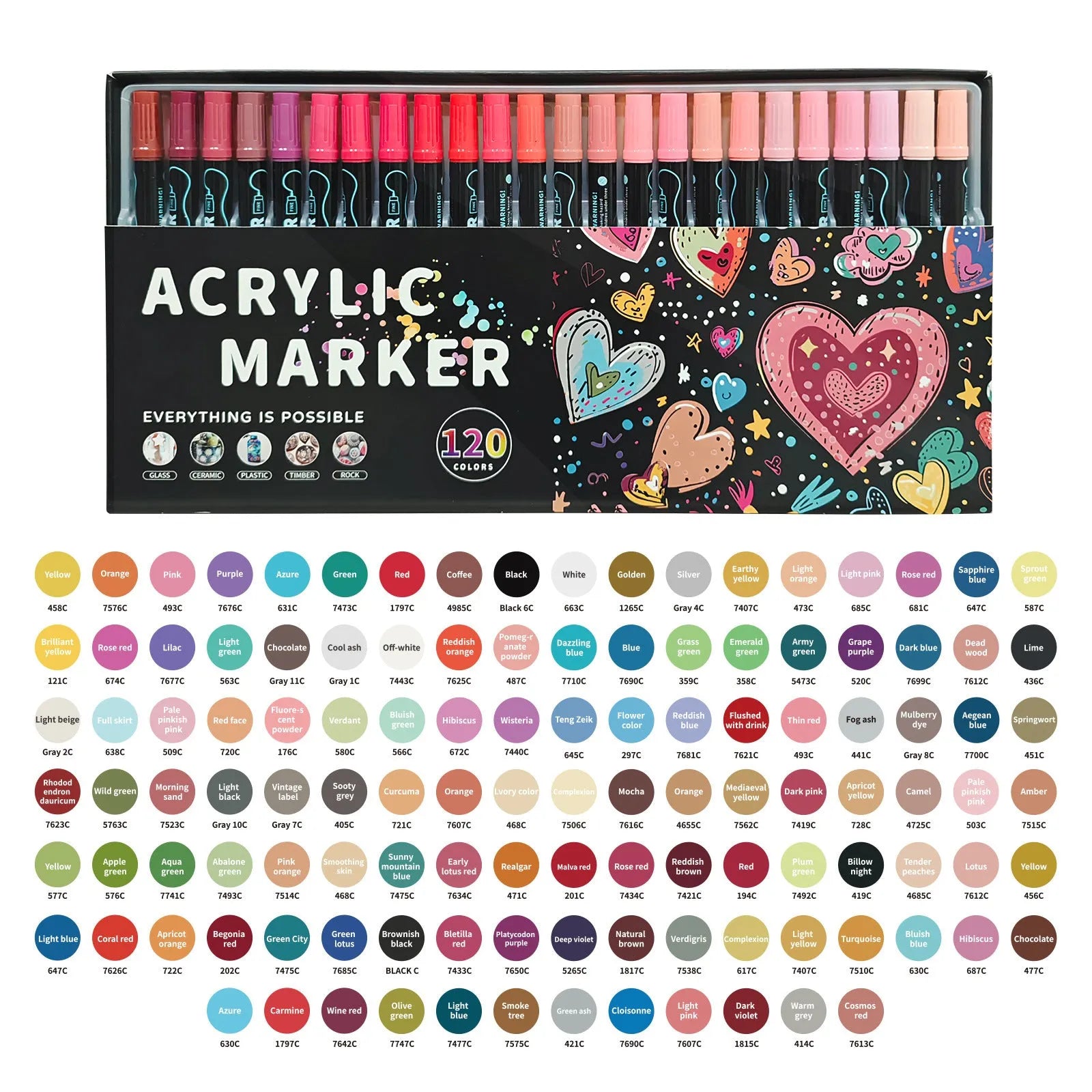 Set of household stackable dual-tip acrylic markers in multiple colours with caps on